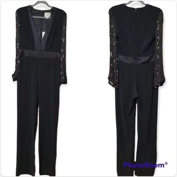 Galvan London Womens Infinity Embellished Mixed Media Black Jumpsuit - Picture 5 of 16